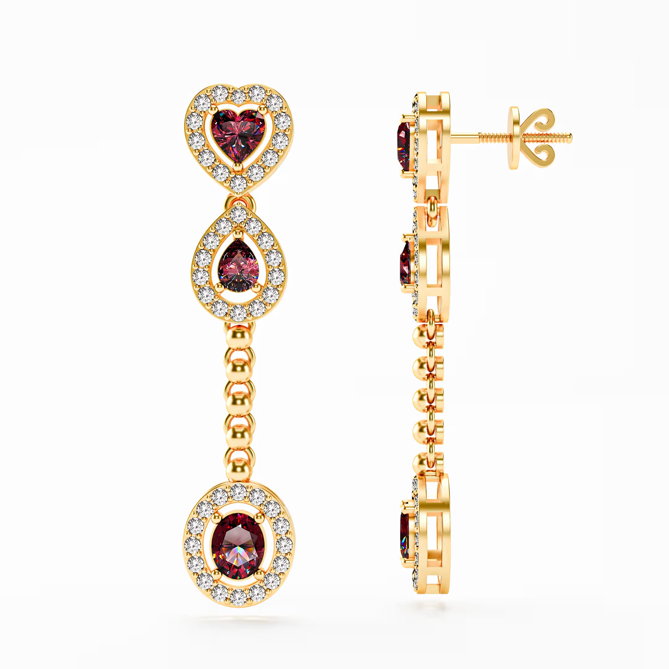 The Cascade - Garnet Diamond Halo Tiered Drop Earrings