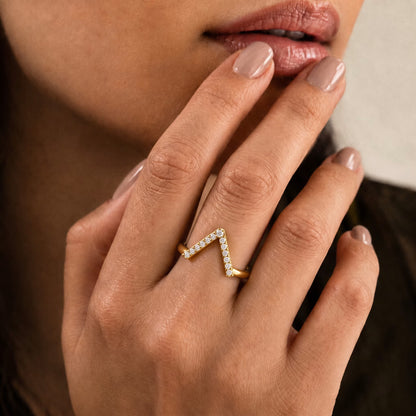 Geometric Pavé Chevron Band - Gold Diamond Triangle Ring