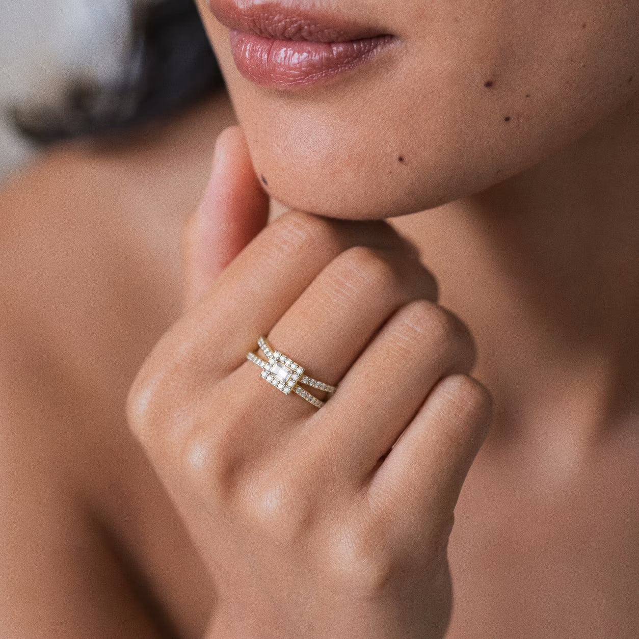 Emerald-Cut Halo Ring, Double Criss-Cross Pavé Band