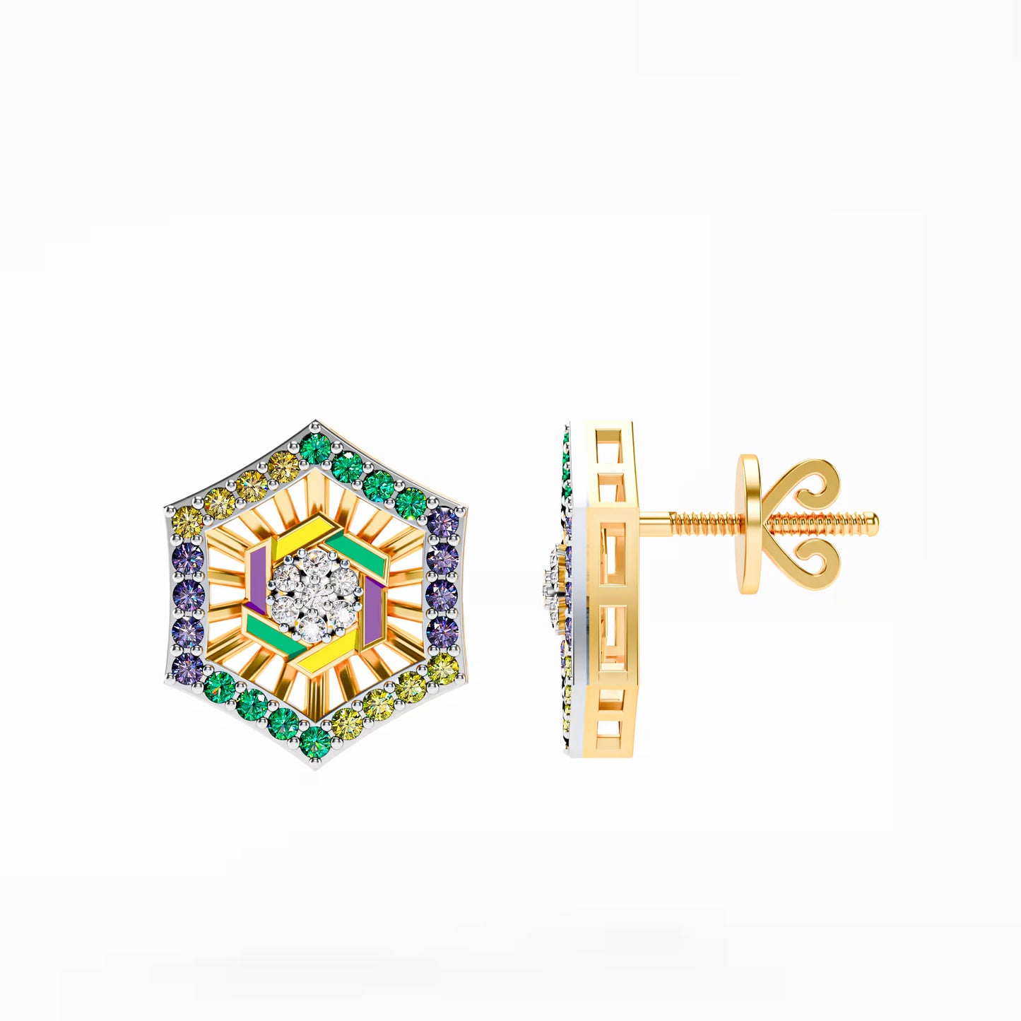 The Deco Hexagon - Multicolor Enamel & Dimond Stud Earrings by Gehnok