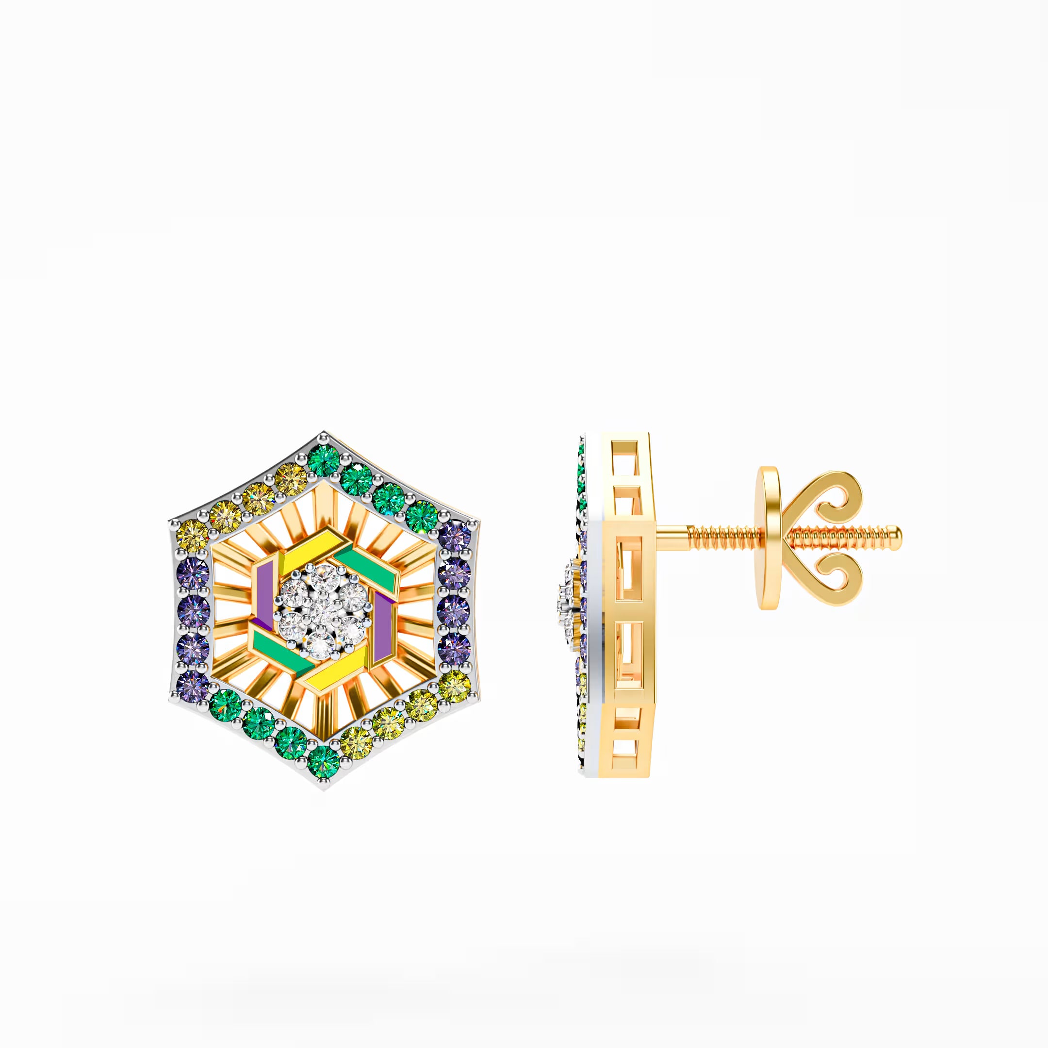 The Deco Hexagon - Multicolor Enamel & Dimond Stud Earrings by Gehnok