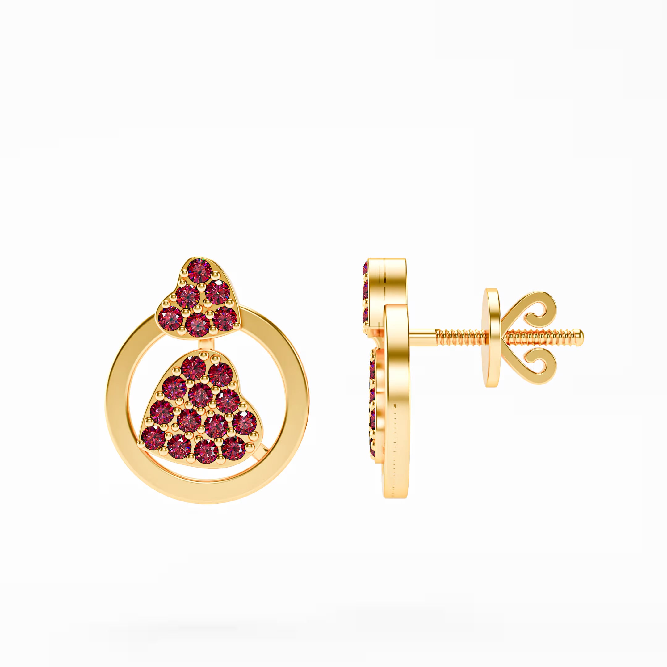 The Double Heart - Ruby Pavé Heart Circle Stud Earrings