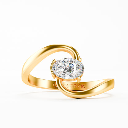 14K Solid Gold Oval Diamond Bypass Swirl Ring | East-West Oval Solitaire | Sculptural Loop Engagement Ring | Unique Statement Ring for Her | Handcrafted Fine Jewelry