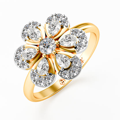 14K Two-Tone Gold Diamond Flower Cluster Ring | Pear Petal Halo Cocktail Ring | Floral Diamond Statement Ring | Anniversary Cocktail Ring for Her | Bold Fine Jewelry Gift