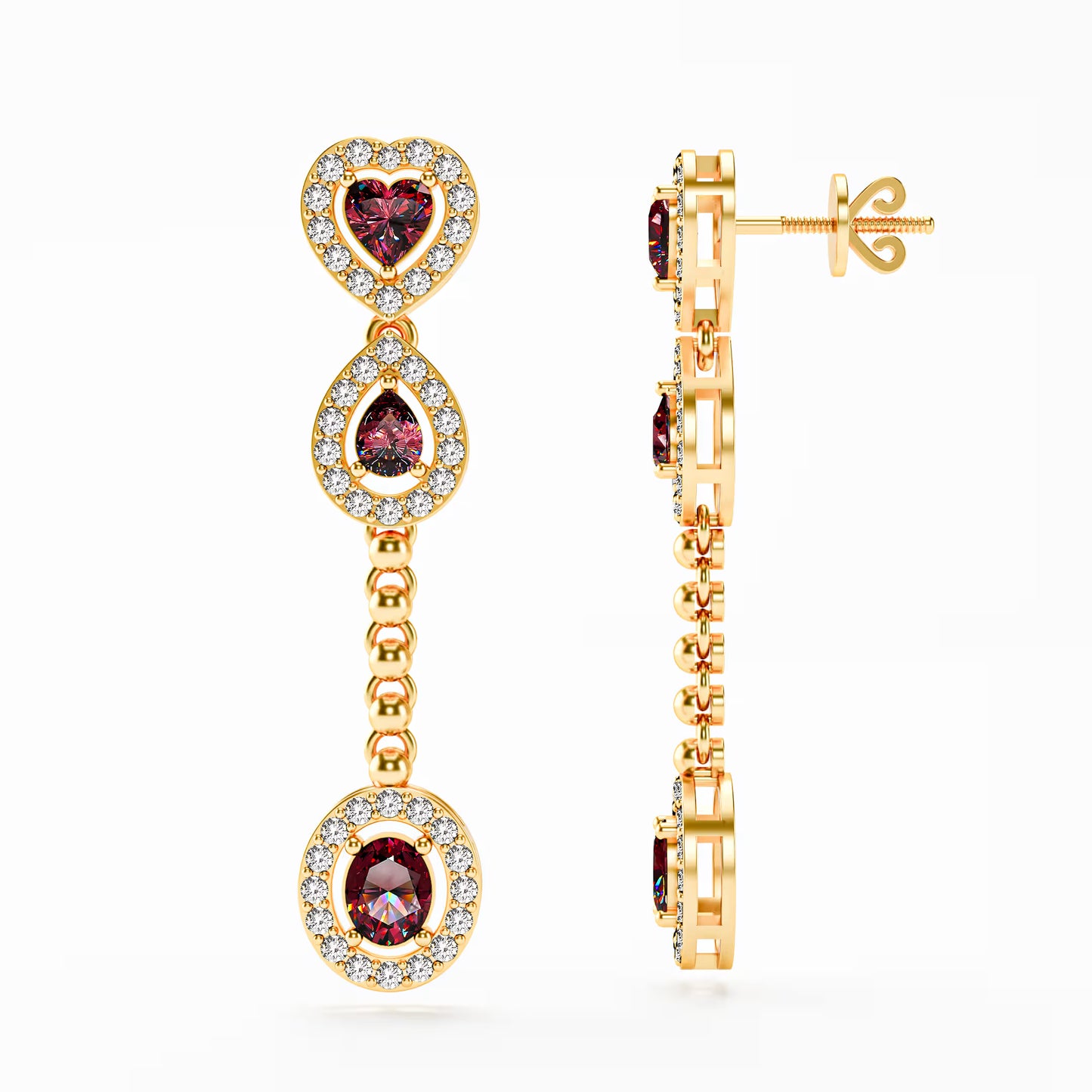The Cascade - Garnet Diamond Halo Tiered Drop Earrings