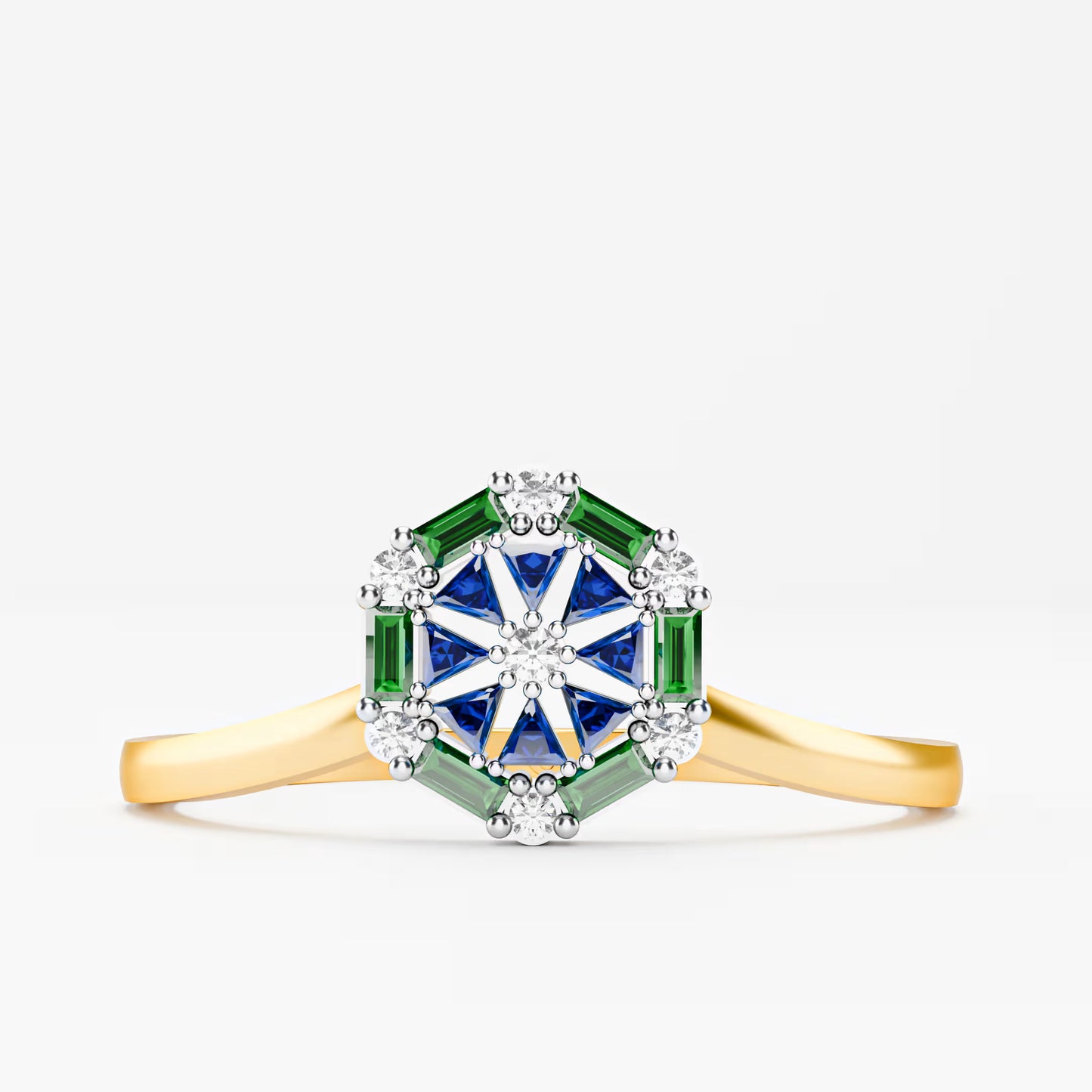 Octagonal Star Cluster Ring - Sapphire, Emerald & Diamond