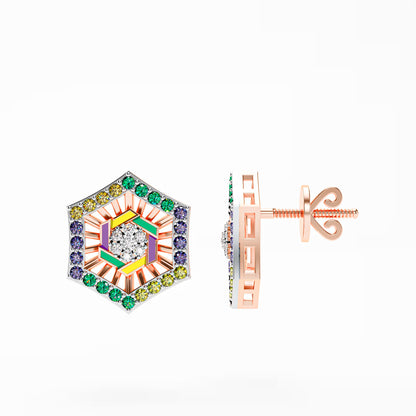The Deco Hexagon - Multicolor Enamel & Dimond Stud Earrings by Gehnok