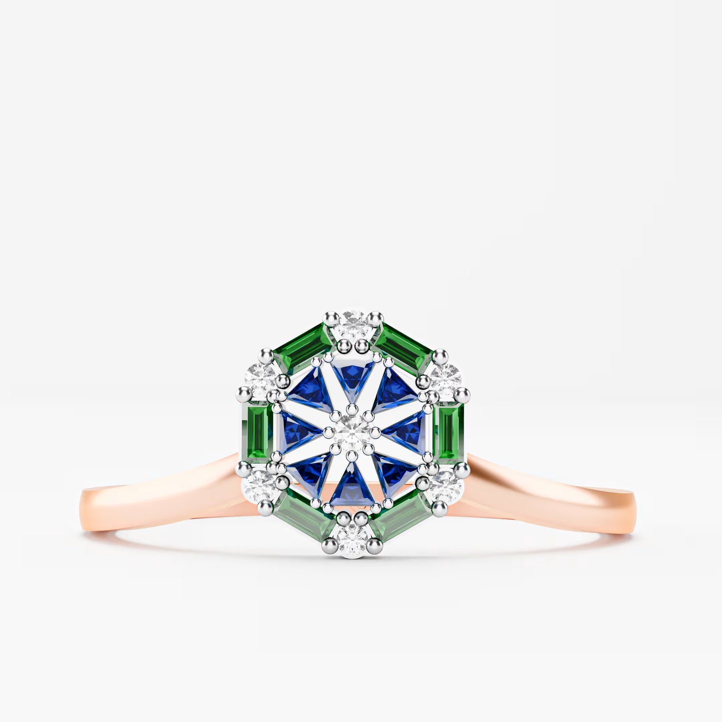 Octagonal Star Cluster Ring - Sapphire, Emerald & Diamond