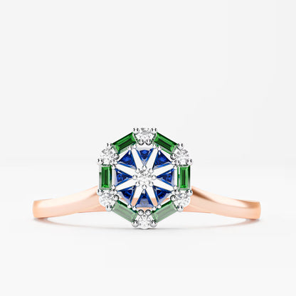 Octagonal Star Cluster Ring - Sapphire, Emerald & Diamond