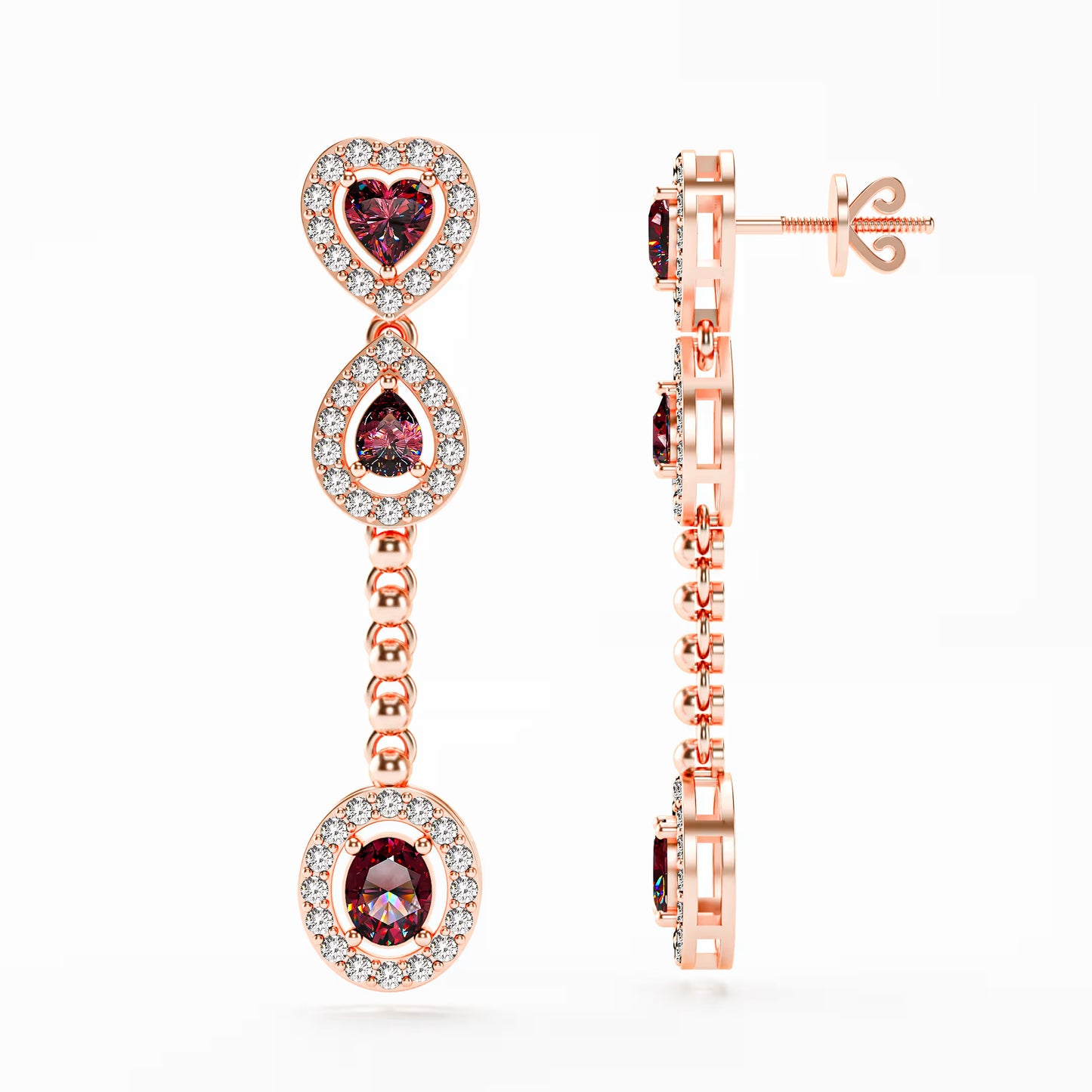 The Cascade - Garnet Diamond Halo Tiered Drop Earrings