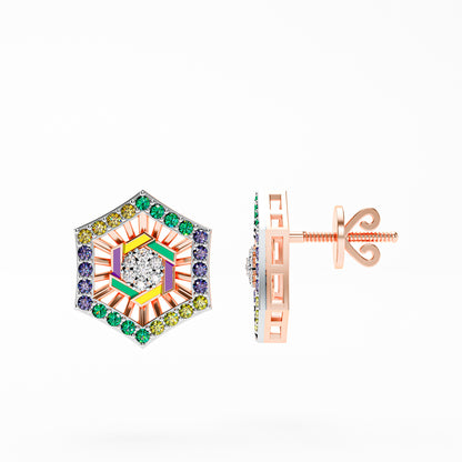 The Deco Hexagon - Multicolor Enamel & Dimond Stud Earrings by Gehnok