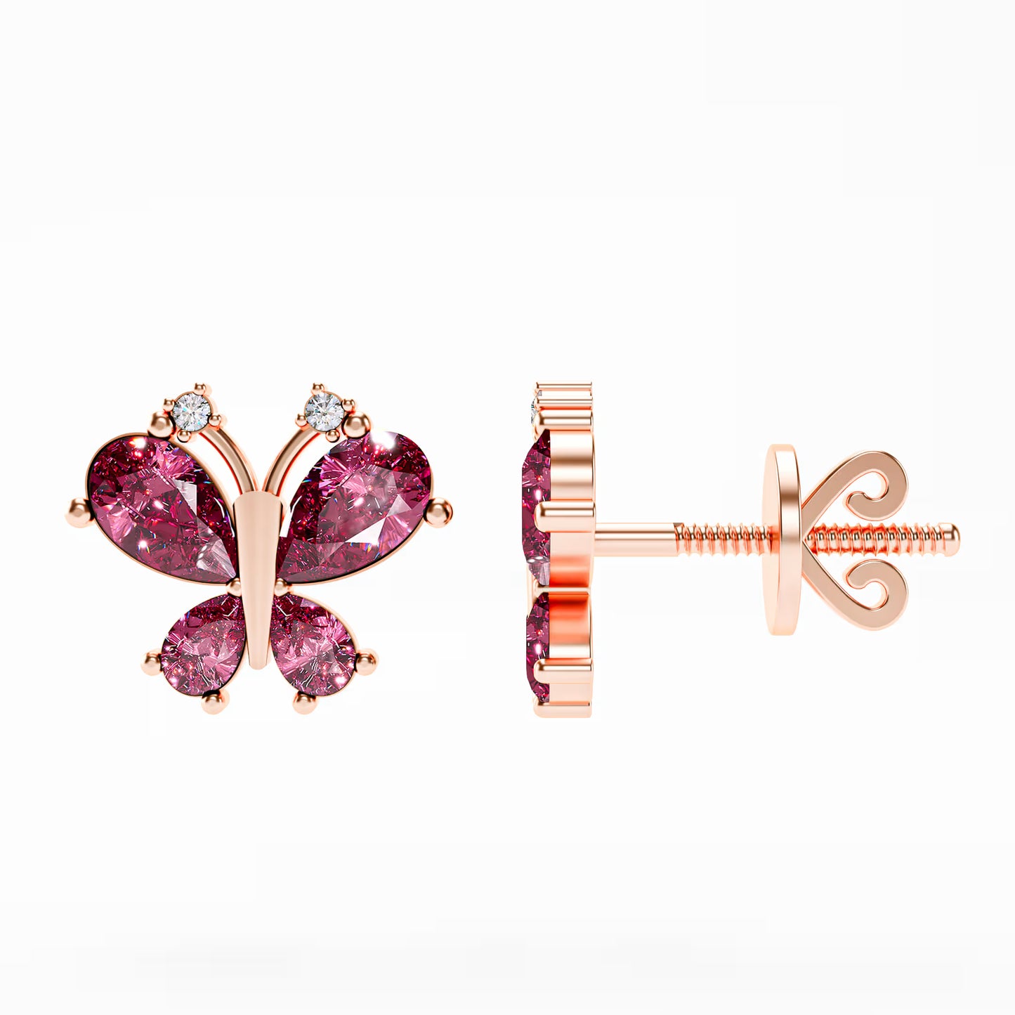 The Butterfly - Pink Gemstone & Diamond Stud Earrings by Gehnok