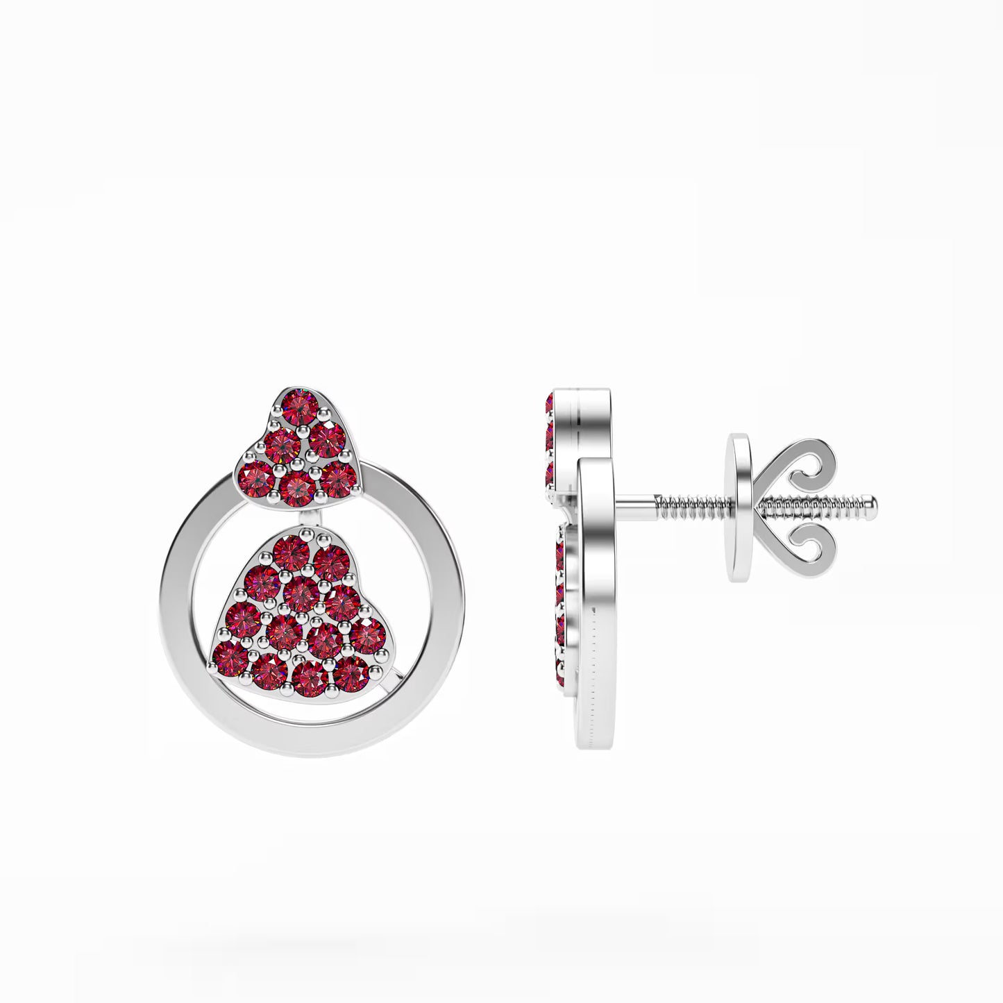 The Double Heart - Ruby Pavé Heart Circle Stud Earrings
