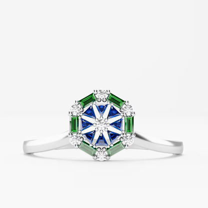 Octagonal Star Cluster Ring - Sapphire, Emerald & Diamond
