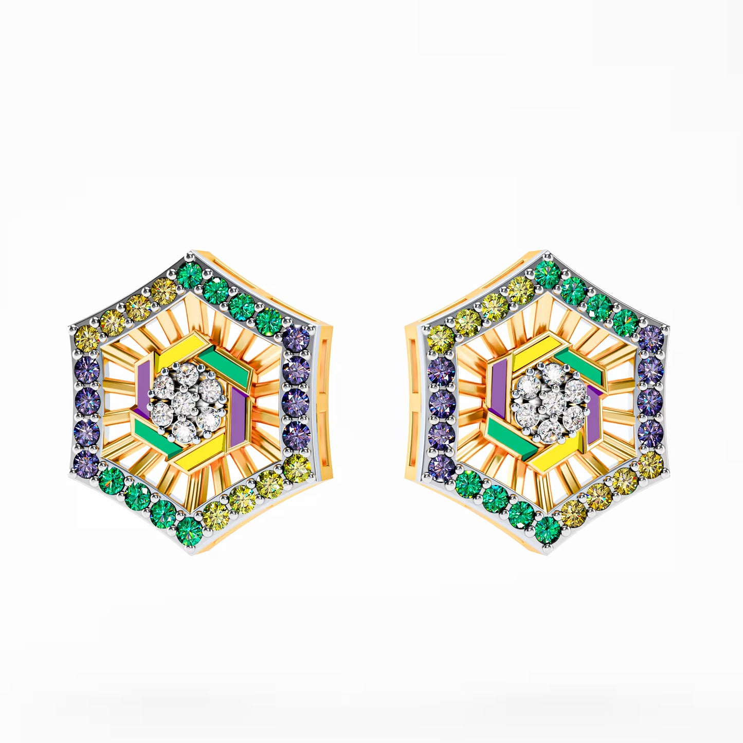 The Deco Hexagon - Multicolor Enamel & Dimond Stud Earrings by Gehnok