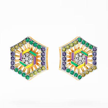 The Deco Hexagon - Multicolor Enamel & Dimond Stud Earrings by Gehnok