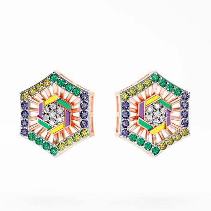 The Deco Hexagon - Multicolor Enamel & Dimond Stud Earrings by Gehnok