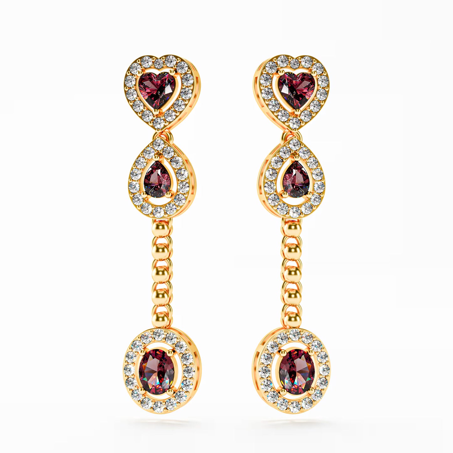 The Cascade - Garnet Diamond Halo Tiered Drop Earrings
