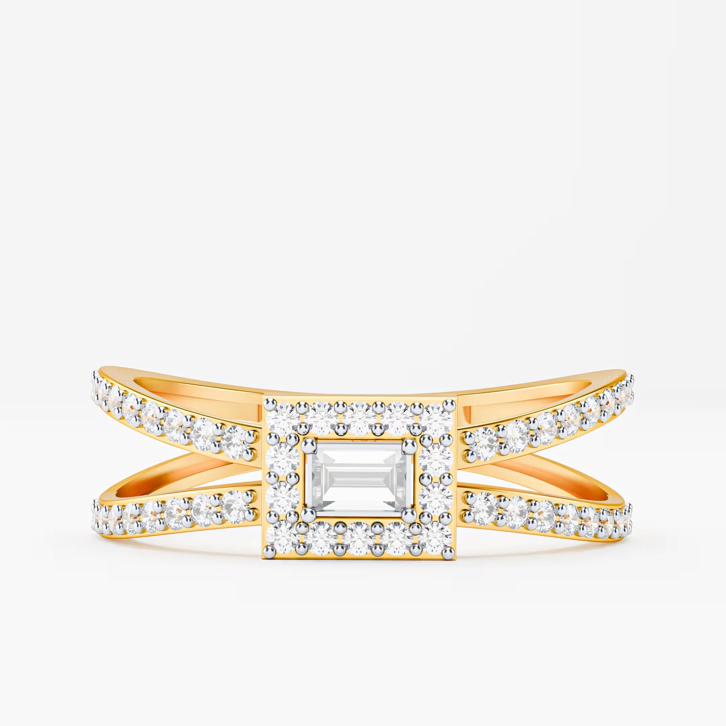 Emerald-Cut Halo Ring, Double Criss-Cross Pavé Band