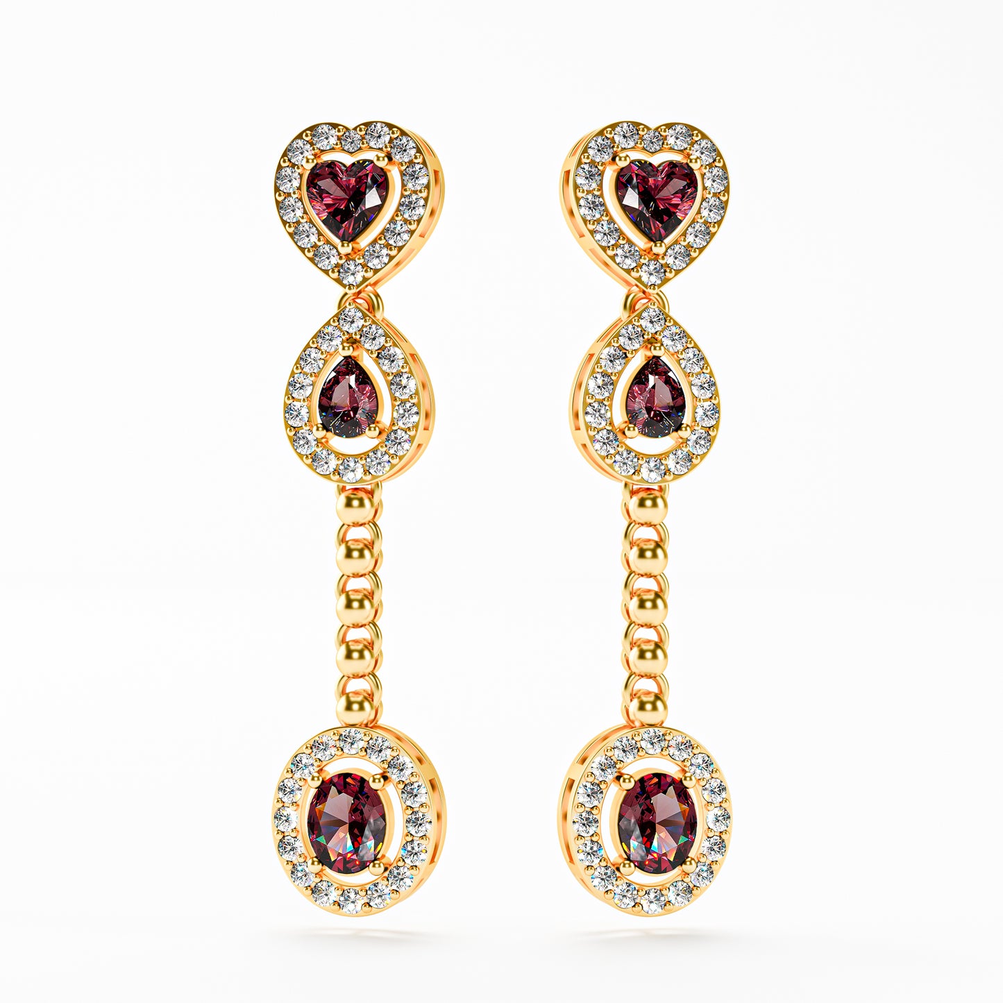 The Cascade - Garnet Diamond Halo Tiered Drop Earrings by Gehnok