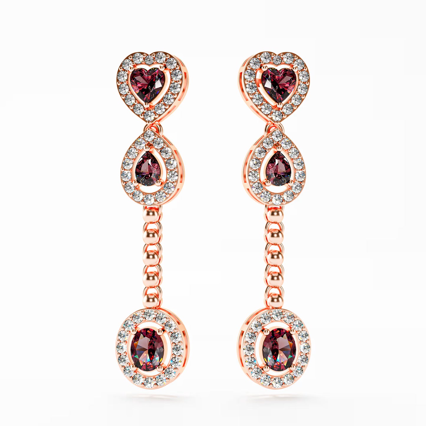 The Cascade - Garnet Diamond Halo Tiered Drop Earrings
