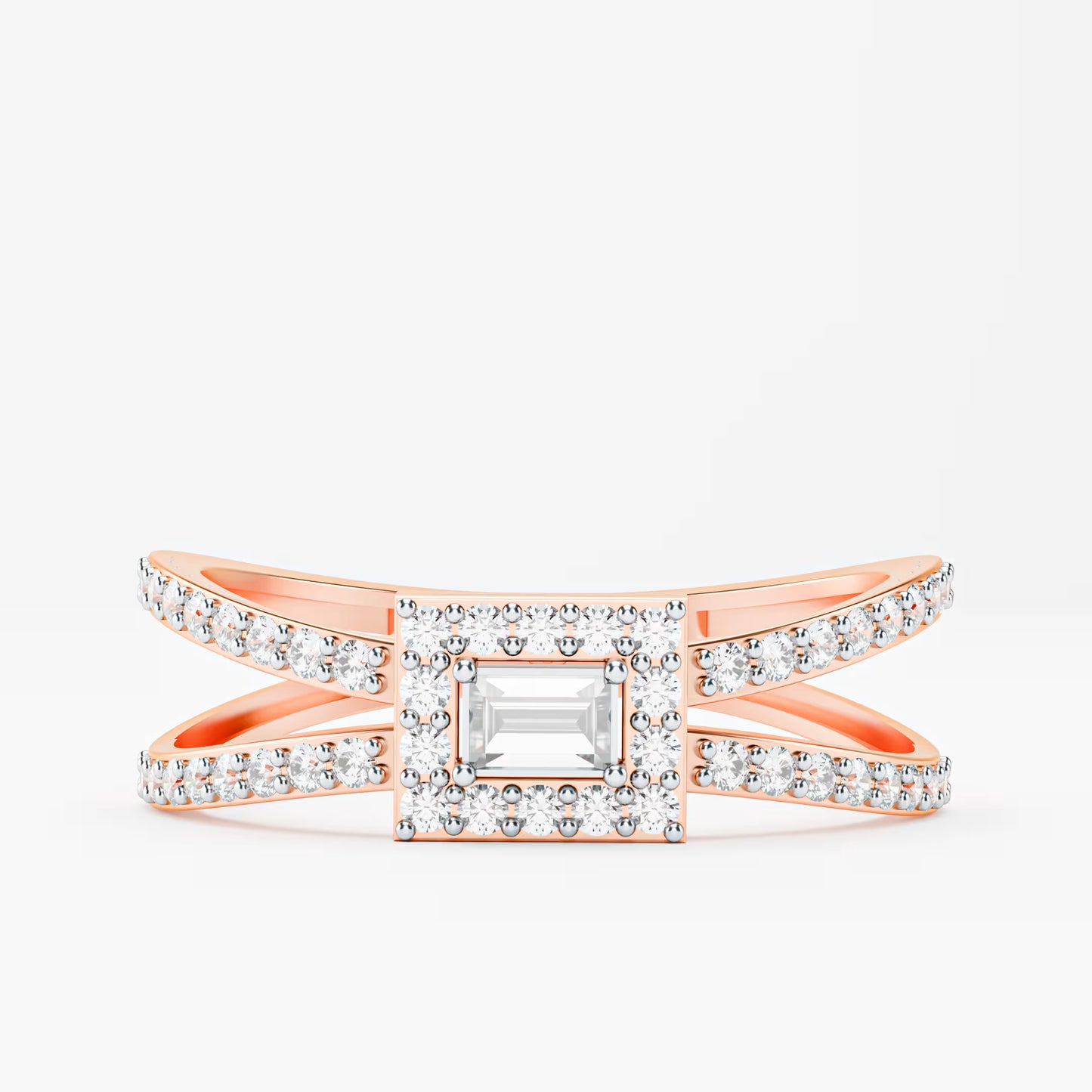 Emerald-Cut Halo Ring, Double Criss-Cross Pavé Band