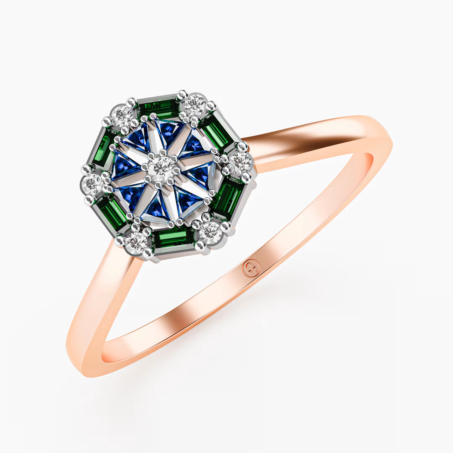 Octagonal Star Cluster Ring - Sapphire, Emerald & Diamond
