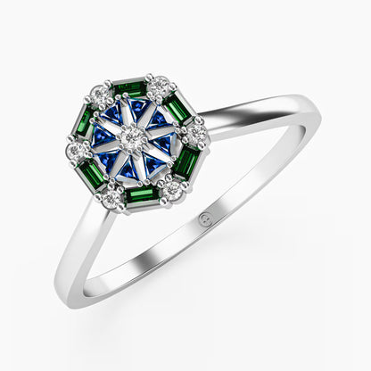 Octagonal Star Cluster Ring - Sapphire, Emerald & Diamond