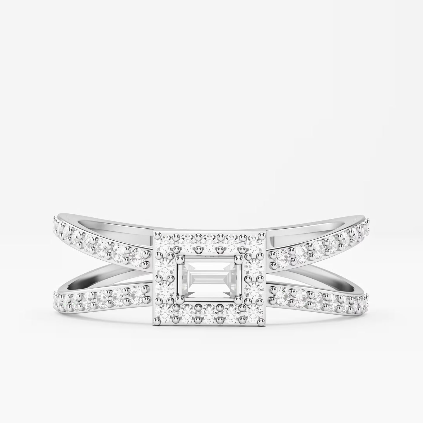 Emerald-Cut Halo Ring, Double Criss-Cross Pavé Band