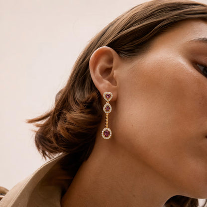 The Cascade - Garnet Diamond Halo Tiered Drop Earrings