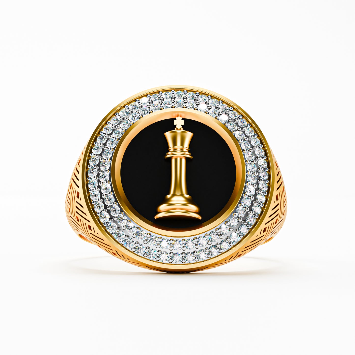 14K Solid Gold Men's Chess King Signet Ring | Black Onyx Diamond Halo Ring | 3D Chess Piece Statement Ring | Iced Out Men's Signet Ring | Luxury Gift for Him | Fine Men's Jewelry