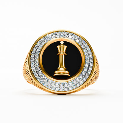 14K Solid Gold Men's Chess King Signet Ring | Black Onyx Diamond Halo Ring | 3D Chess Piece Statement Ring | Iced Out Men's Signet Ring | Luxury Gift for Him | Fine Men's Jewelry