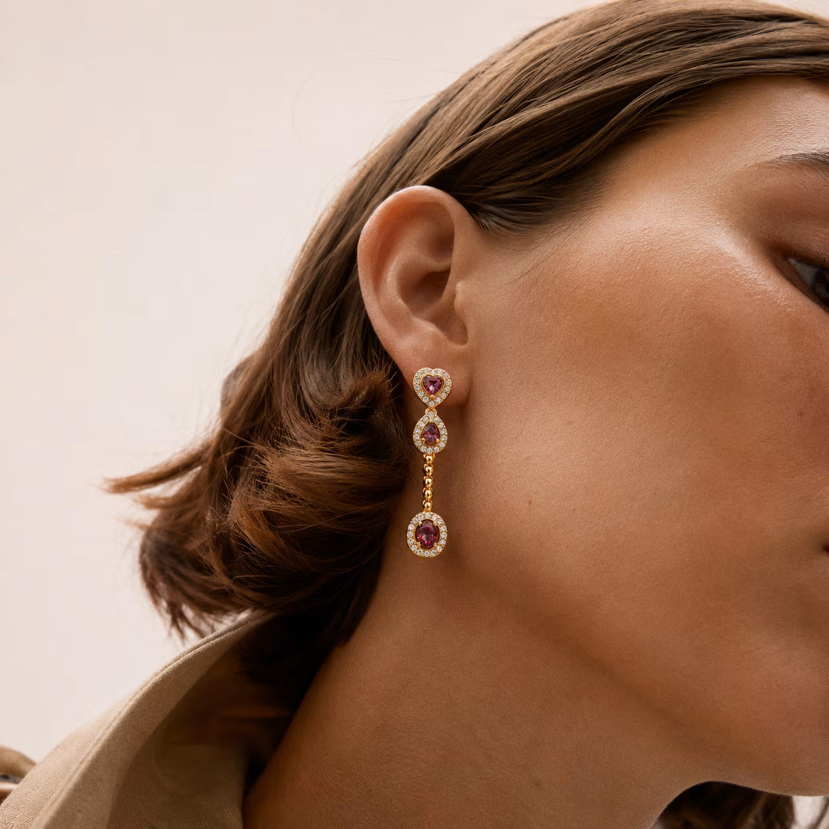 The Cascade - Garnet Diamond Halo Tiered Drop Earrings