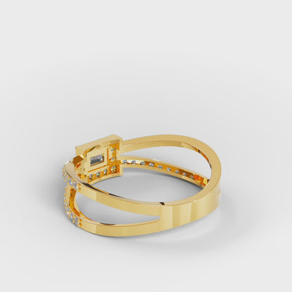 Emerald-Cut Halo Ring, Double Criss-Cross Pavé Band