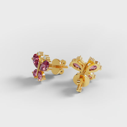 The Butterfly - Pink Gemstone & Diamond Stud Earrings by Gehnok