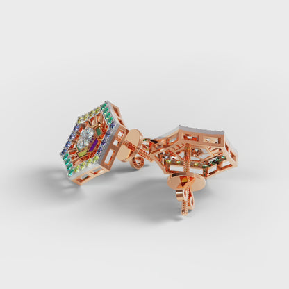 The Deco Hexagon - Multicolor Enamel & Dimond Stud Earrings by Gehnok